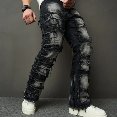 Black Pant Ripped Jeans with Patches