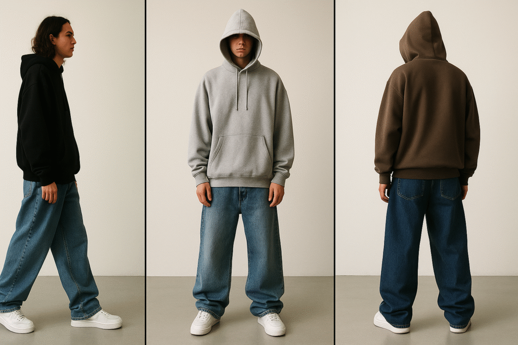 1990s baggy streetwear silhouettes showing oversized fits
