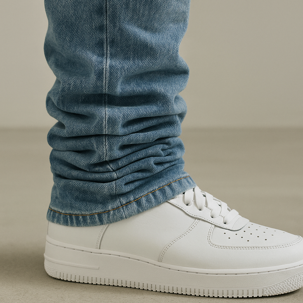 Close-up folds (‘stacks’) pooling at ankle over sneakers.