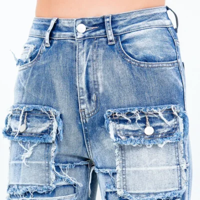 closer look of stacked jeans with pockets