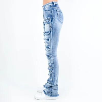 side pose of ripped distressed jeans