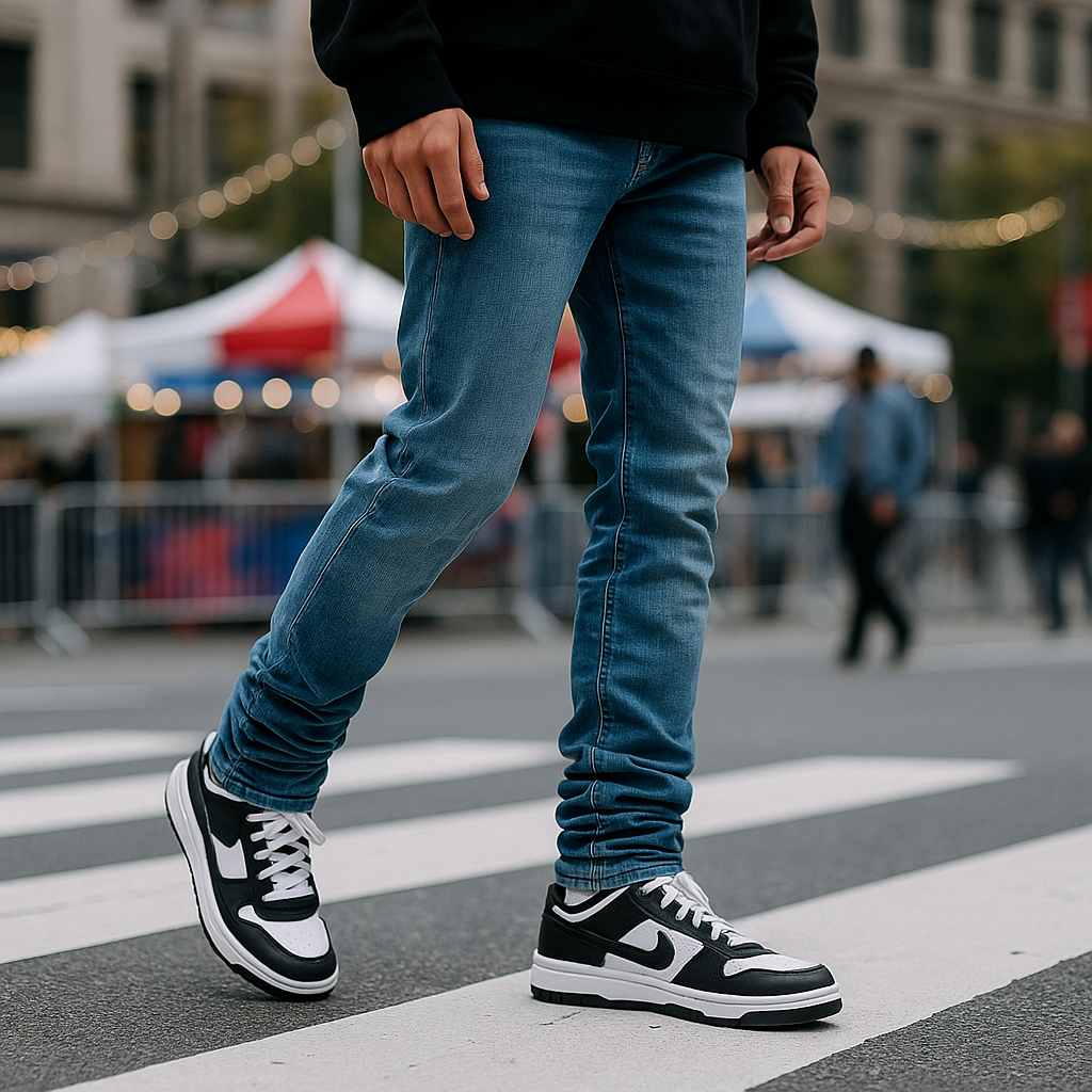 Lifestyle shot of stacked jeans with visible stacks over chunky sneakershigh-tops.