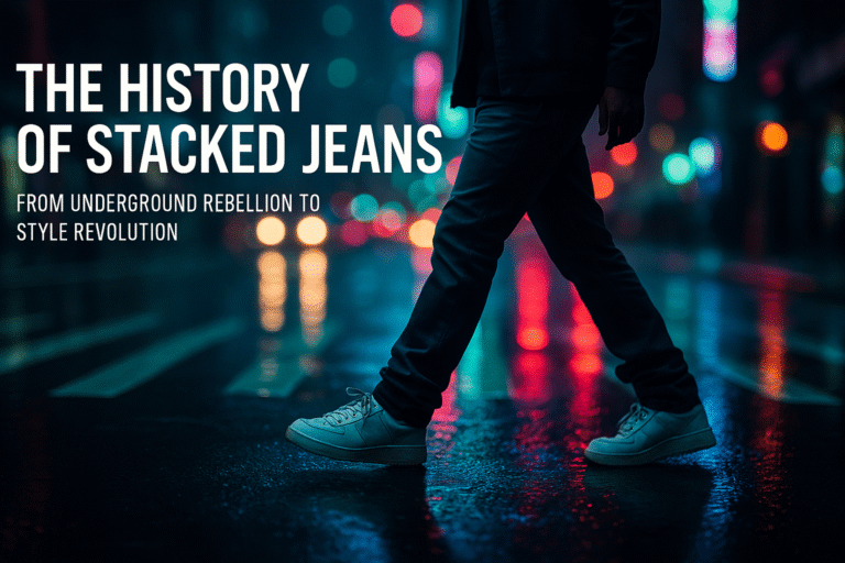 Model wearing black stacked jeans crossing a city street