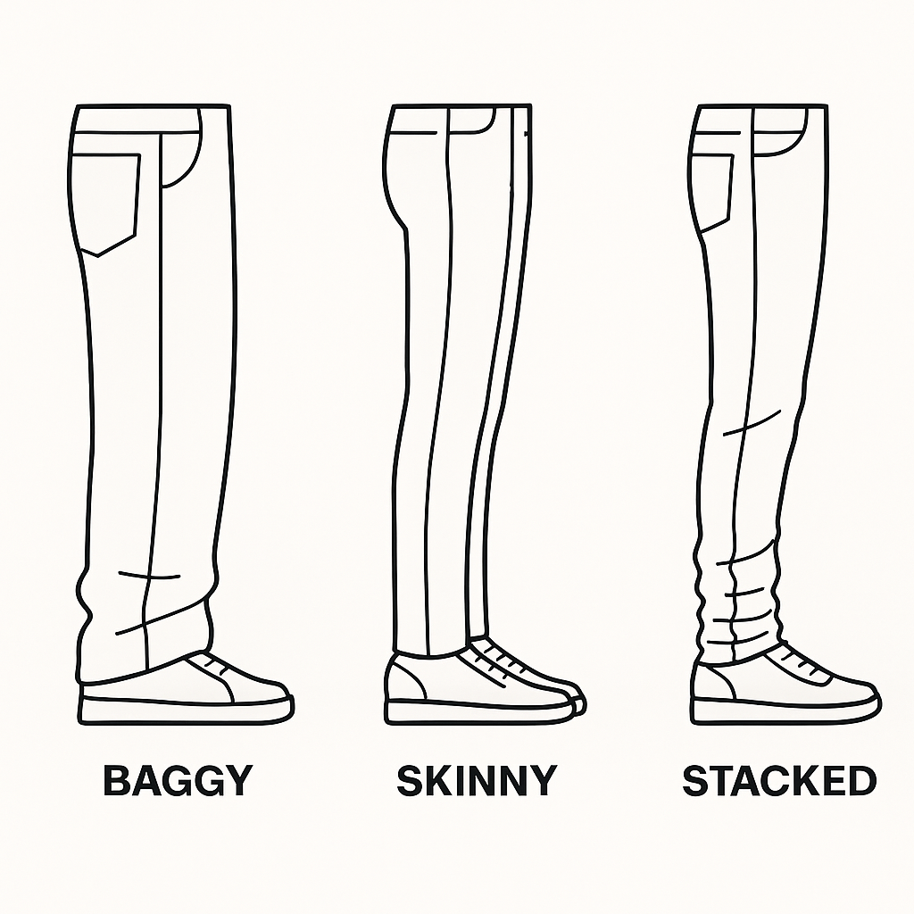 Side-by-side silhouette comparison of baggy, skinny, and stacked jeans.