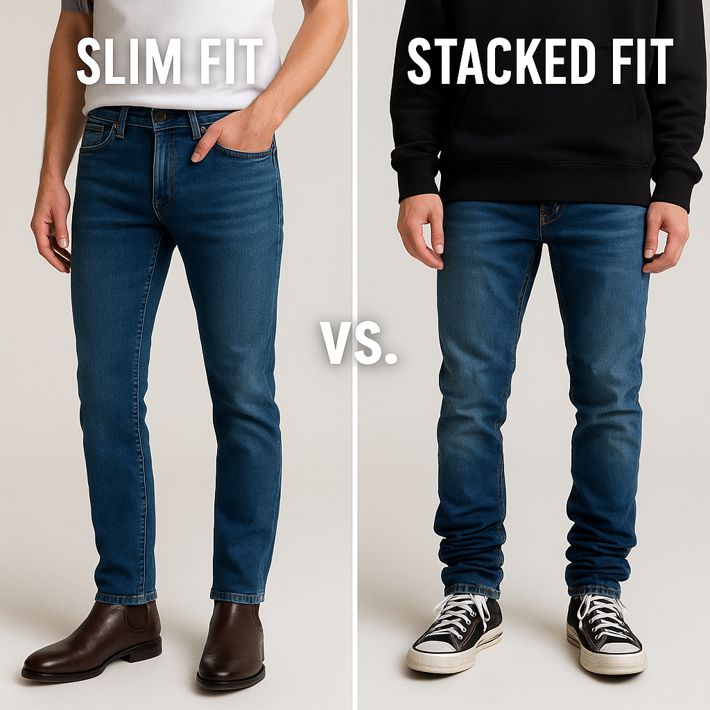 Two models in slim fit jeans vs stacked fit jeans so reader can see the difference instantly