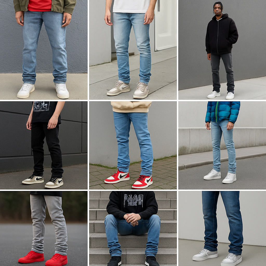 Social media posts showcasing stacked jeans in everyday outfits.