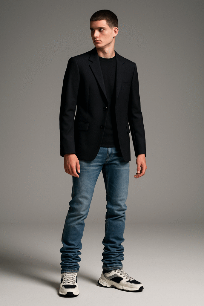 Stacked jeans styled with designer sneakers and tailored outerwear.