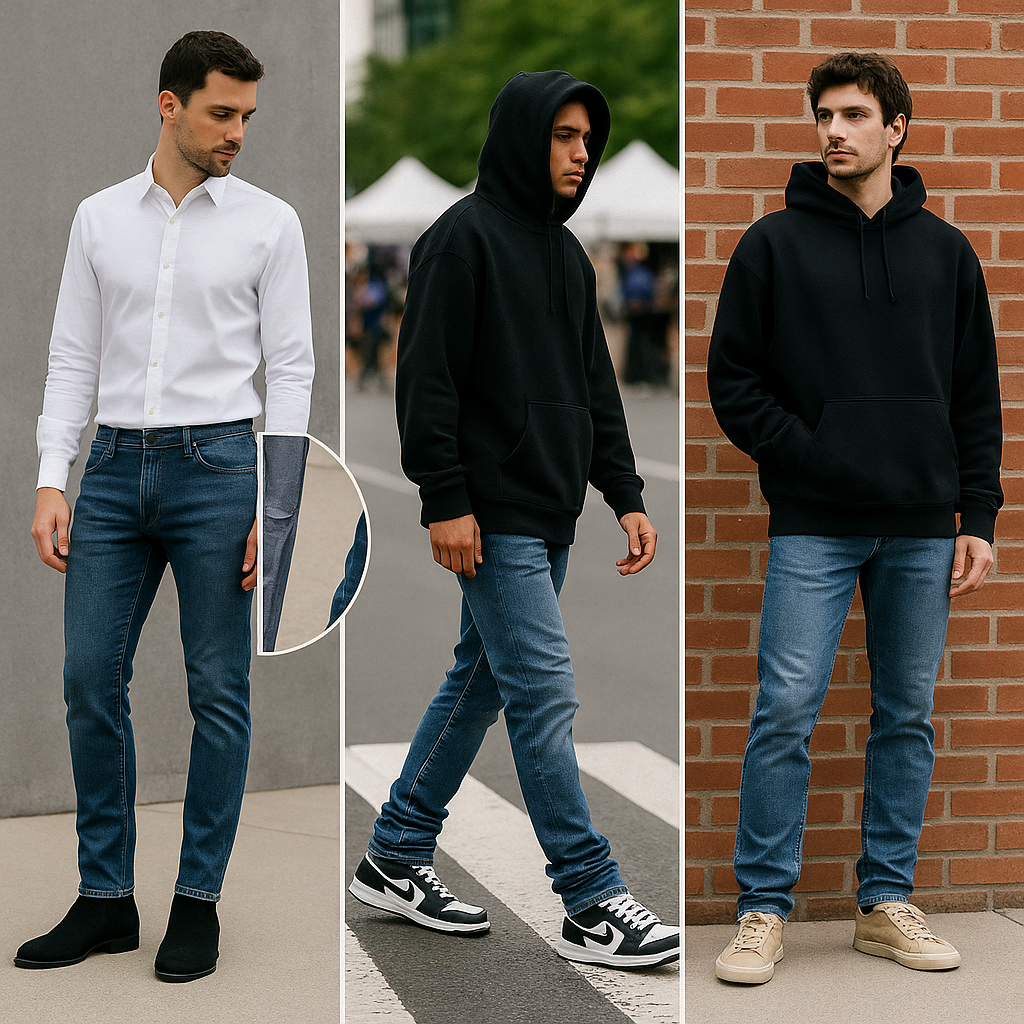 Three men styled in slim fit and stacked fit jeans left shows slim fit jeans with a crisp white shirt and Chelsea boots, center shows stacked fit jeans with an oversized black hoodie and chunky sneakers, right shows stacked fit jeans with a hoodie and casual sneakers, all in urban outdoor settings.