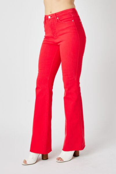 women’s low rise flare jeans in red, front view