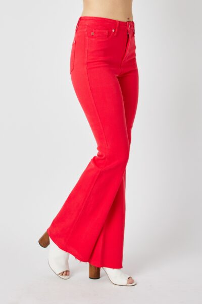 women’s low rise flare jeans in red, side view