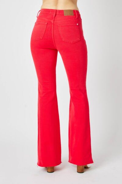 women’s low rise flare jeans in red, back view