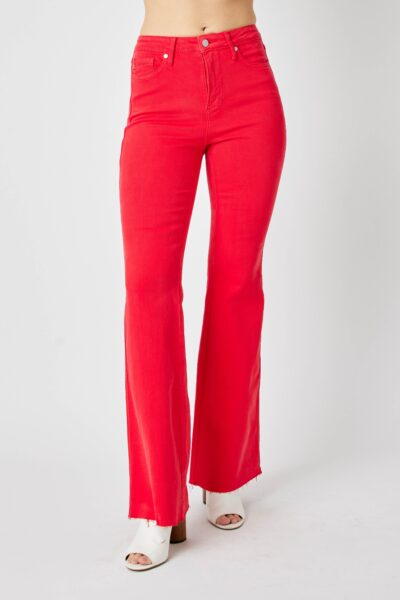 “women’s red low rise flare jeans with heels