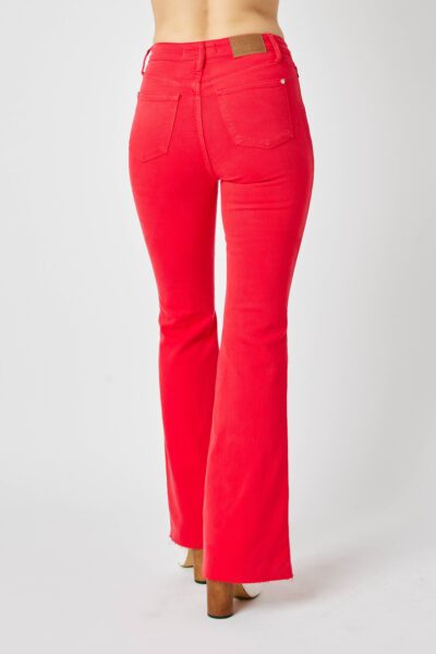 red low rise bootcut jeans on model